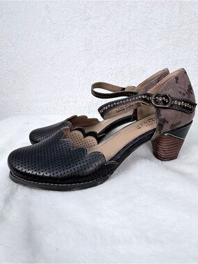 Spring Step L Artiste Leather Mary Jane Heels scallop Brown Black Size 11 EU 42